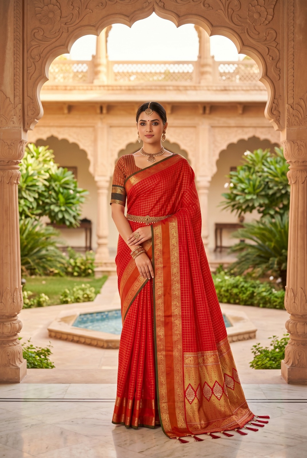 Deep Navy Blue with Magenta Pink Border Soft Kanchipuram Silk Saree